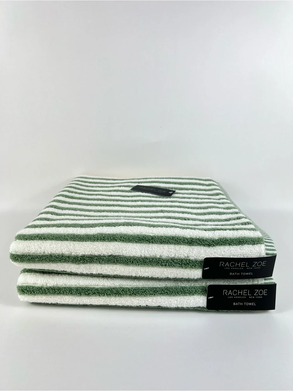 Rachel Zoe Bath Towels Green White Striped Soft Plush 100% Cotton 2 Pc NEW